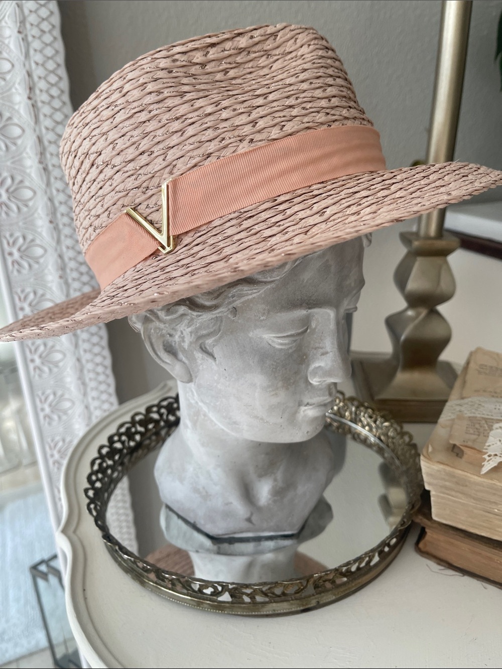 Stylish Pink Straw Fedora Hat with Ribbon Accent